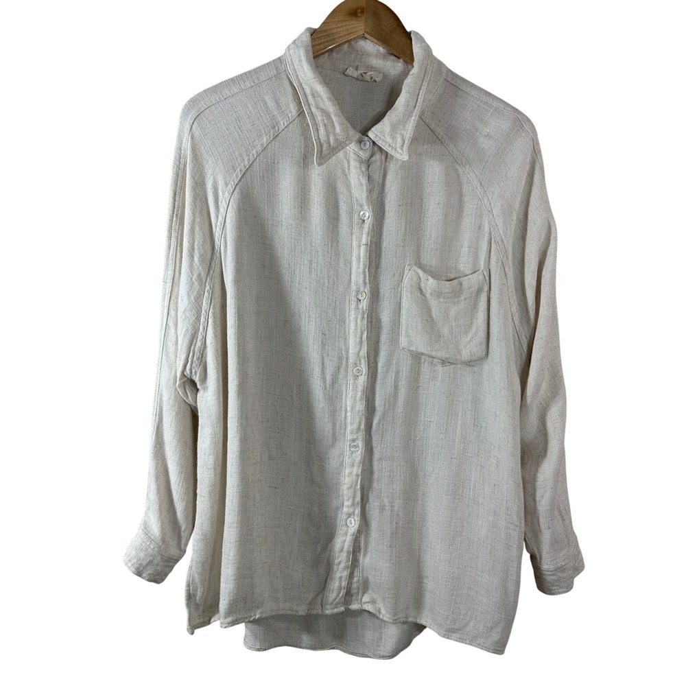 ee:some Womens‎ Oatmeal Linen Blend Button Down Raglan Shirt Size M Relaxed Fit